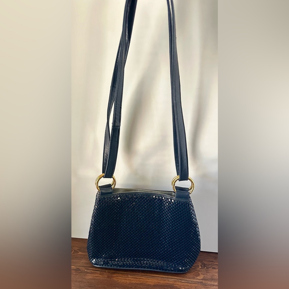 Whiting & Davis Navy Blue Mesh Shoulder Bag with Gold Hardware
